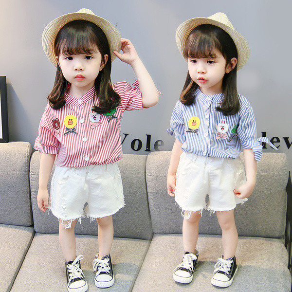 Cămașă pentru fete pentru copii cu broderie în dungi în albastru și roșu