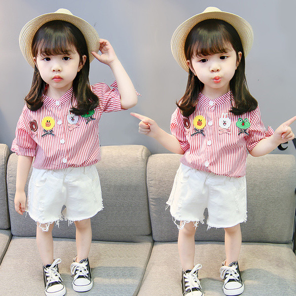 Cămașă pentru fete pentru copii cu broderie în dungi în albastru și roșu