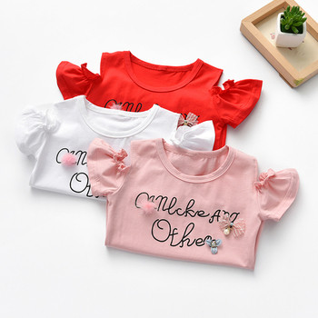 Παιδικά μπλούζακια με κοντά μανίκια για τα κορίτσια με πεσμένα ώμους και επιγραφή σε λευκό, ροζ και κόκκινο χρώμα