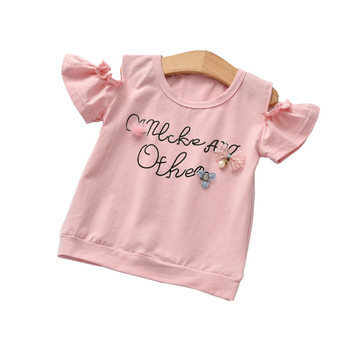 Παιδικά μπλούζακια με κοντά μανίκια για τα κορίτσια με πεσμένα ώμους και επιγραφή σε λευκό, ροζ και κόκκινο χρώμα