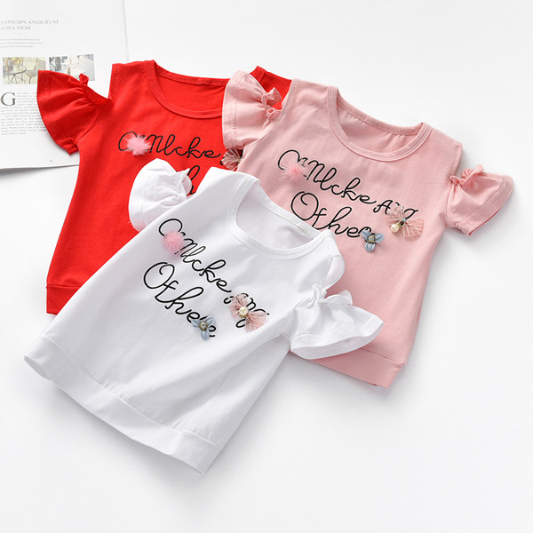 Παιδικά μπλούζακια με κοντά μανίκια για τα κορίτσια με πεσμένα ώμους και επιγραφή σε λευκό, ροζ και κόκκινο χρώμα