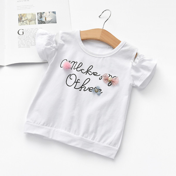 Παιδικά μπλούζακια με κοντά μανίκια για τα κορίτσια με πεσμένα ώμους και επιγραφή σε λευκό, ροζ και κόκκινο χρώμα