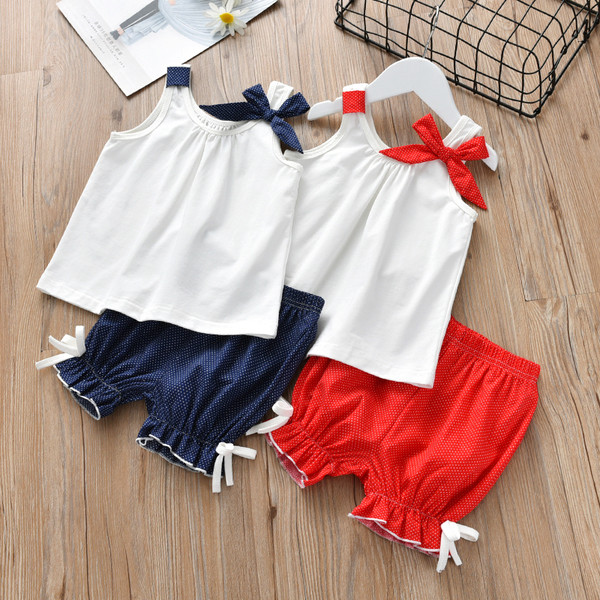 Set copii din doua piese pentru fete cu panglici in doua culori