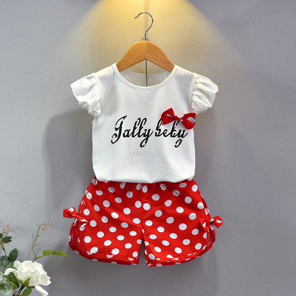 Set copii din doua piese pentru fete in puncte cu panglica in doua culori