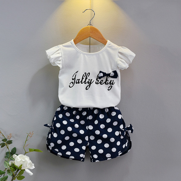 Set copii din doua piese pentru fete in puncte cu panglica in doua culori