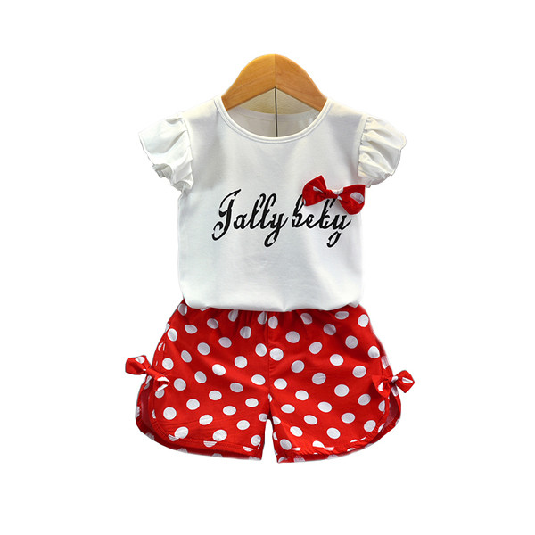 Set copii din doua piese pentru fete in puncte cu panglica in doua culori