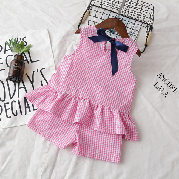 Set copii din bumbac in carouri pentru fete in doua parti in trei culori