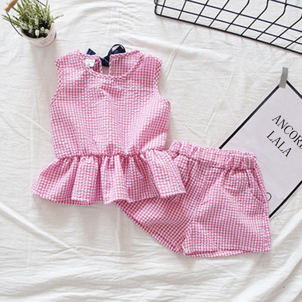 Set copii din bumbac in carouri pentru fete in doua parti in trei culori