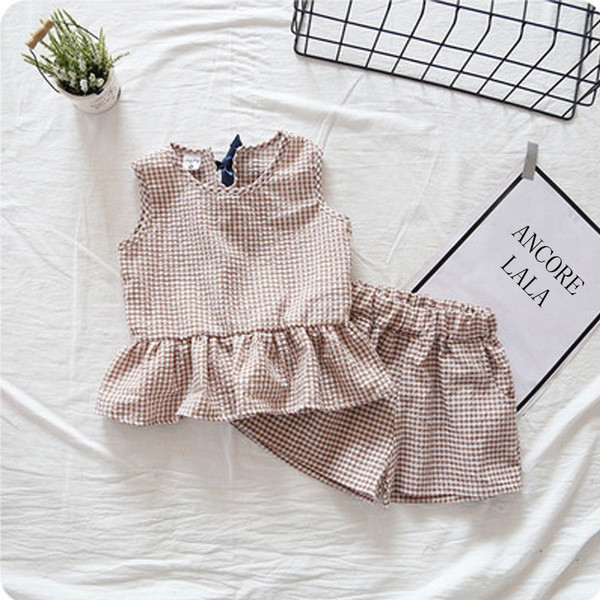 Set copii din bumbac in carouri pentru fete in doua parti in trei culori