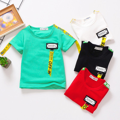 Детска модерна тениска за момчета и момичета в няколко цвята с цветни ленти с надпис