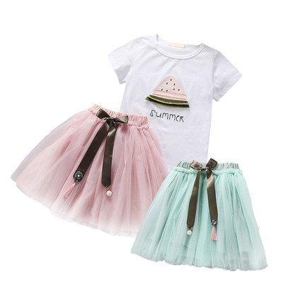 Детски комплект за момичета от две части пола и блузка с апликация диня в два цвята