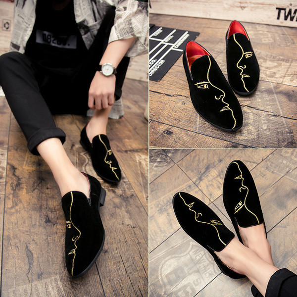 Férfi velúr mokaszin fekete színben, hímzéssel