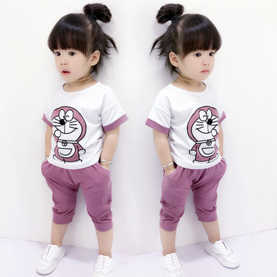 Детски памучен комплект за момичета с къс ръкав и къси панталони в два модела
