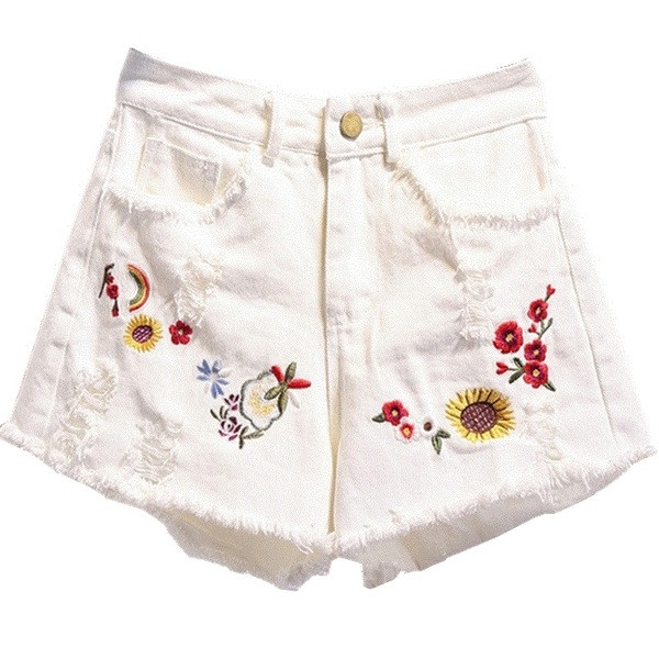 Κομψά σύντομα γυναικεία παντελόνια με  ψηλή μέση και κεντήματα σε δύο χρώματα