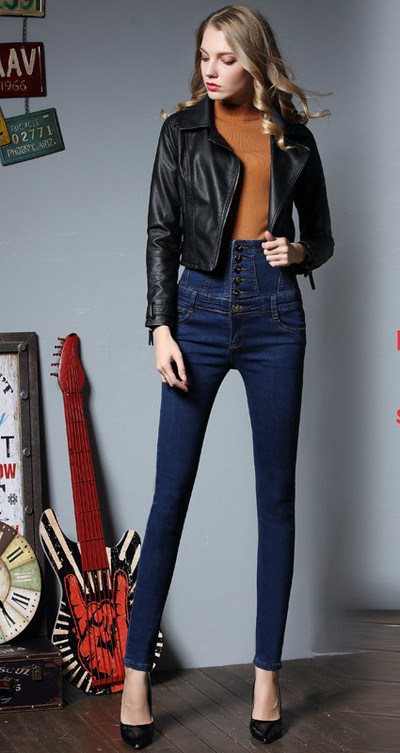 Γυναικεία ελαστικά τζιν με πολύ υψηλή μέση και στοιχεία