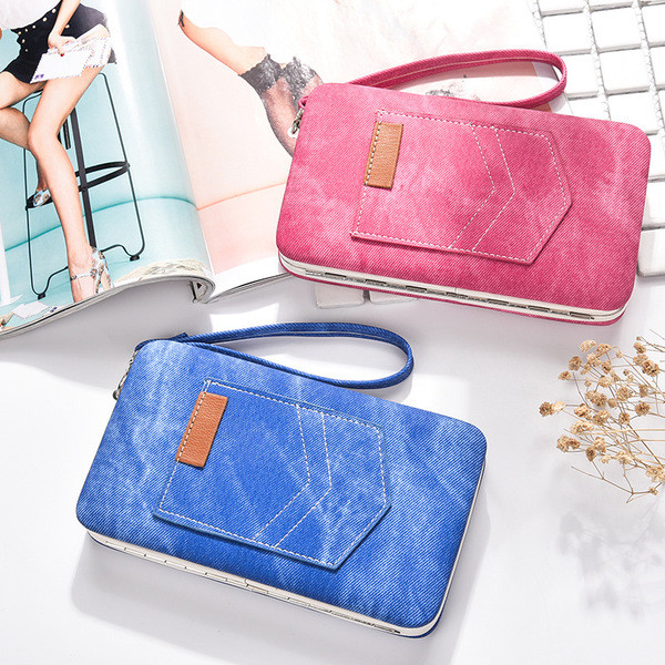 Portofel de dama in mai multe culori imitatie tesatura denim si buzunar decorativ