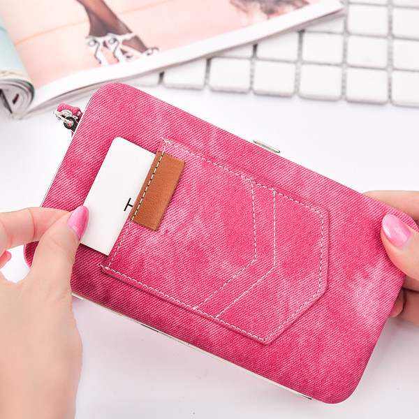 Portofel de dama in mai multe culori imitatie tesatura denim si buzunar decorativ