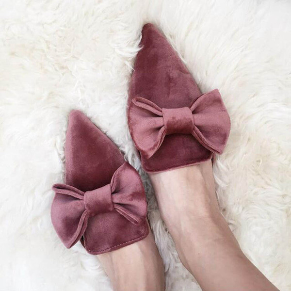 Papuci moderni de damă - ascuțiți, cu o panglică și o talpă plată în trei culori