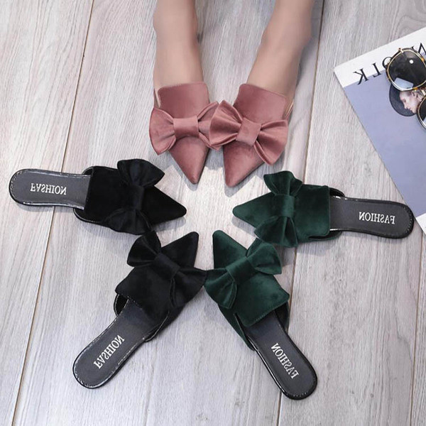 Papuci moderni de damă - ascuțiți, cu o panglică și o talpă plată în trei culori