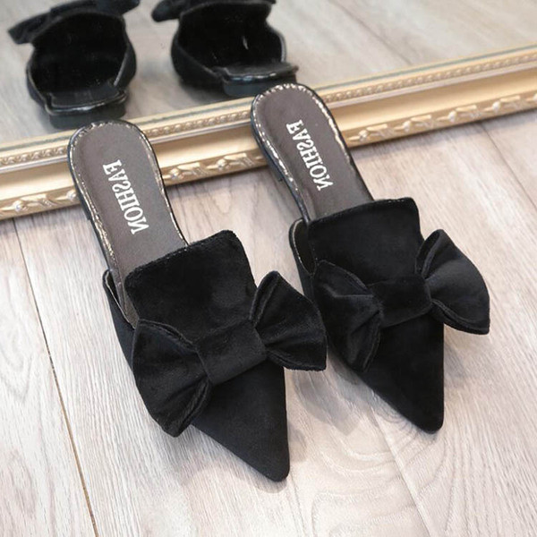 Papuci moderni de damă - ascuțiți, cu o panglică și o talpă plată în trei culori