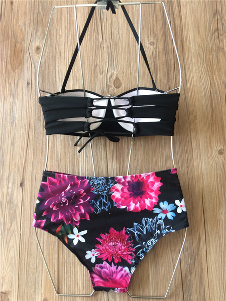 Costum de baie din două piese pentru femei - bikini cu talie înaltă cu model floral cu bustieră în negru