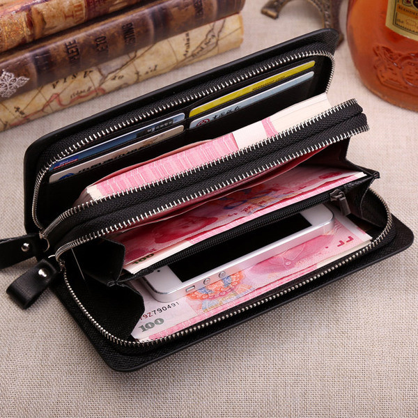 Portofel barbatesc din piele ecologica cu inchidere dubla in culori inchise