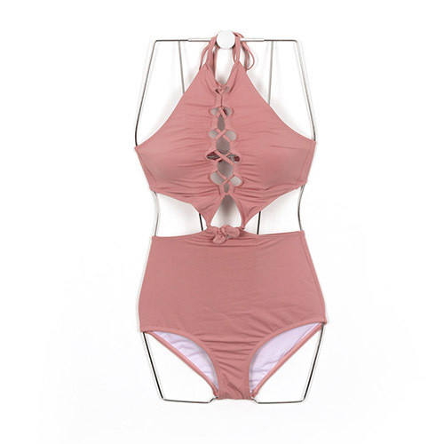 Costum de baie din două piese roz cu spate deschis și decolteu spectaculos cu căptușeală