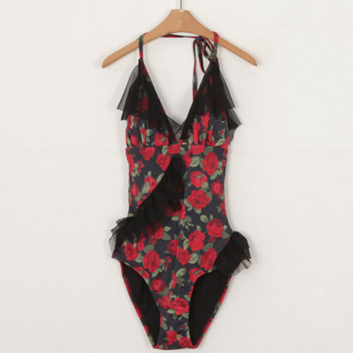 Costum de baie casual dama in doua culori cu model floral si tul