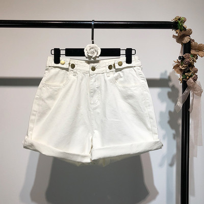 Pantaloni scurți casual de damă din denim cu talie înaltă în albastru și alb