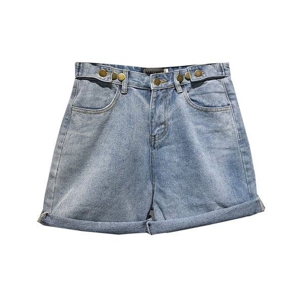 Pantaloni scurți casual de damă din denim cu talie înaltă în albastru și alb