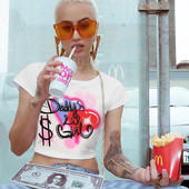 Tricou scurt casual de dama alb cu aplicatie