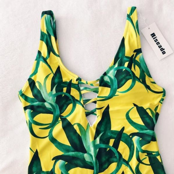 Costum de baie plin floral de damă, cu decolteu adânc, cu cravate