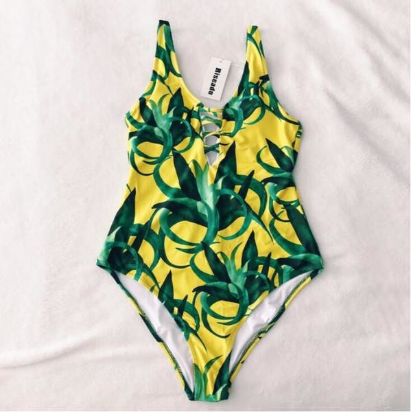 Costum de baie plin floral de damă, cu decolteu adânc, cu cravate