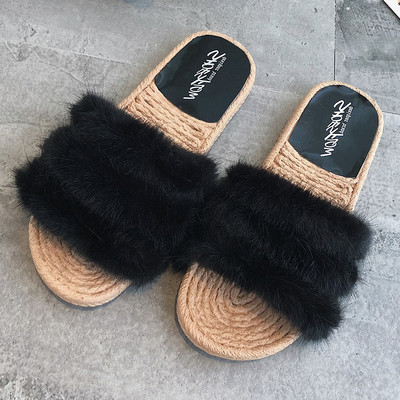 Papuci eleganti de dama cu talpa plata in doua culori cu puf