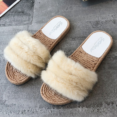 Papuci eleganti de dama cu talpa plata in doua culori cu puf