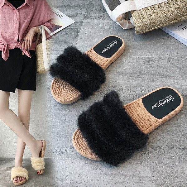 Papuci eleganti de dama cu talpa plata in doua culori cu puf