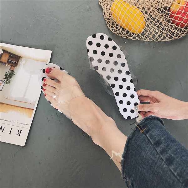 Papuci casual dama in doua culori de puncte cu bretele transparente