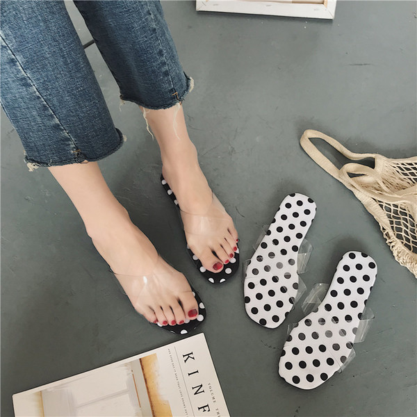 Papuci casual dama in doua culori de puncte cu bretele transparente