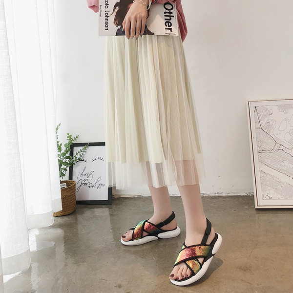 Sandale damă sport-casual cu bretele încrucișate cu paiete