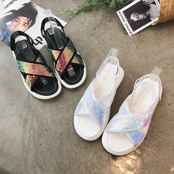 Sandale damă sport-casual cu bretele încrucișate cu paiete