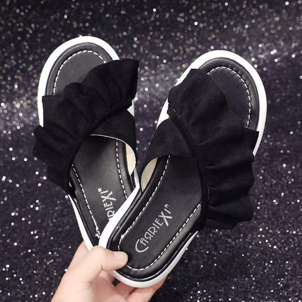 Papuci casual dama cu talpa plata si bretele incrucisate, in negru si roz