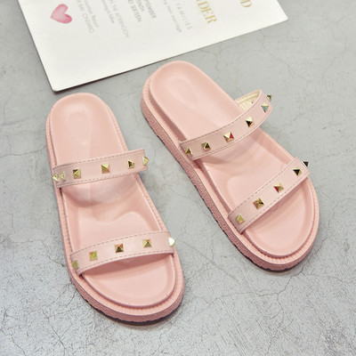 Papuci casual de dama in butoi roz si negru cu decor cu nituri