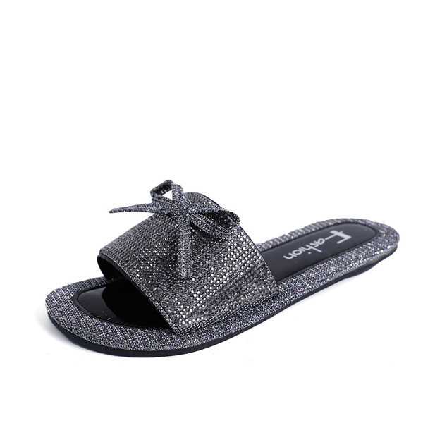 Papuci eleganti de dama cu talpa plata si decorati cu mini pietre si panglica