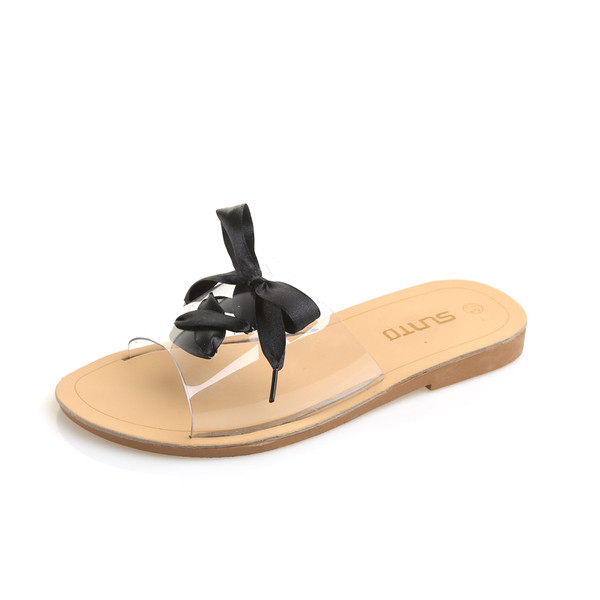 Papuci moderni de dama cu bretele si cravate transparente, potriviti pentru utilizarea de zi cu zi