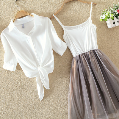 Γυναικείο σετ - καλοκαιρινό φόρεμα  σιφόν με κορδόνια  φούστα  και πουκάμισο 3/4 μανίκι