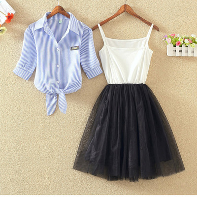 Γυναικείο σετ - καλοκαιρινό φόρεμα  σιφόν με κορδόνια  φούστα  και πουκάμισο 3/4 μανίκι