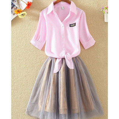 Γυναικείο σετ - καλοκαιρινό φόρεμα  σιφόν με κορδόνια  φούστα  και πουκάμισο 3/4 μανίκι