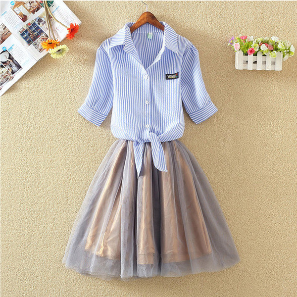 Γυναικείο σετ - καλοκαιρινό φόρεμα  σιφόν με κορδόνια  φούστα  και πουκάμισο 3/4 μανίκι