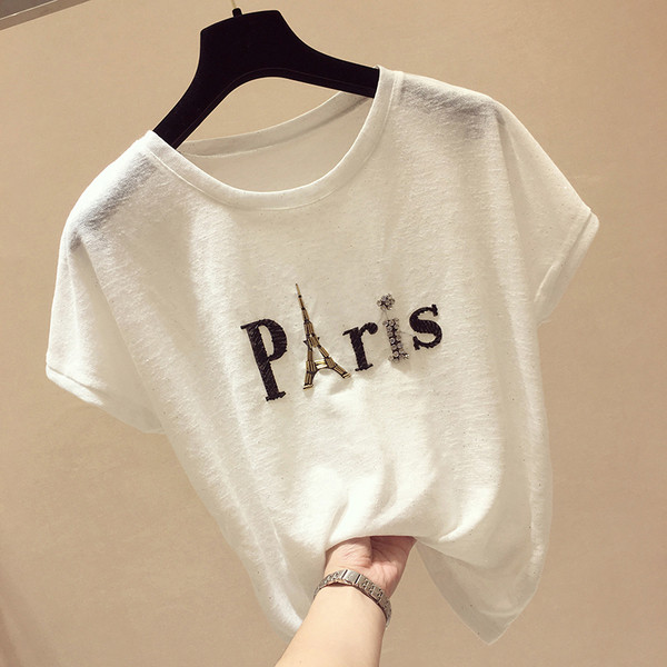 Γυναικείο καλοκαιρινό μπλουζάκι σε τρία χρώματα με διακοσμητικές πέτρες και πούλιες