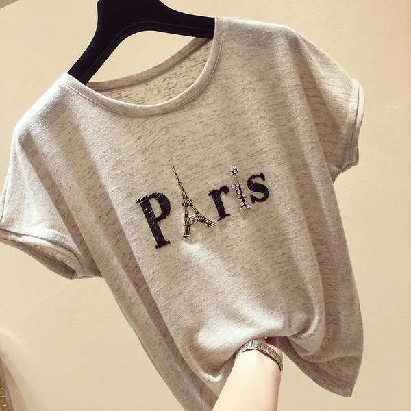 Γυναικείο καλοκαιρινό μπλουζάκι σε τρία χρώματα με διακοσμητικές πέτρες και πούλιες